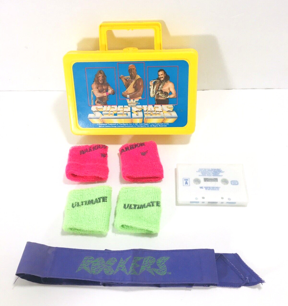 WWF Superstars 90s Lunchbox (LOT) Hulk Warrior WristBands Rockers HeadBand +More